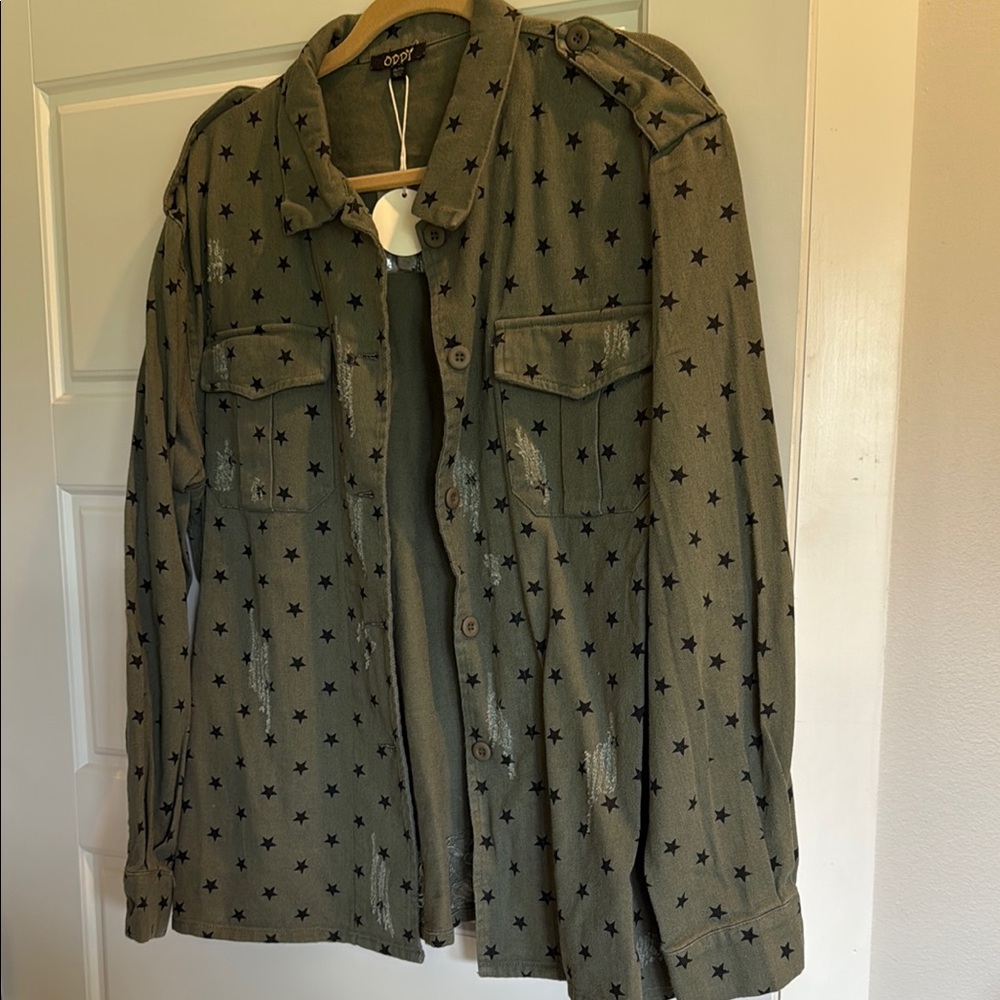 Jean-like Olive Star Patterned Jacket